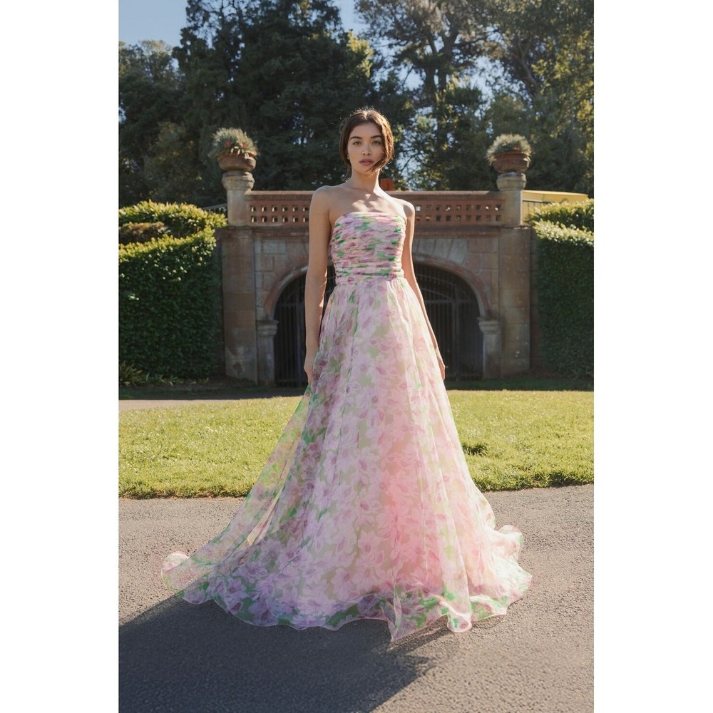NWT Mac Duggal Pink Floral Strapless Chiffon Gown W/ Ruffle Detail $598 Size 14 - Picture 3 of 16